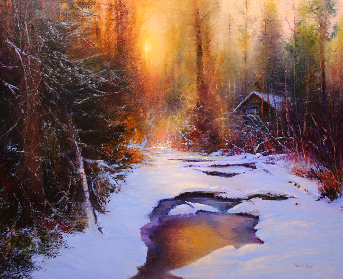Paul Dykman Oil on Canvas mountain scene. Reflected Sunlight