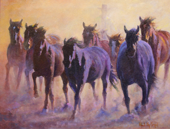 Paul Dykman Oil on Canvas. Horses. Running mustangs. Running the Rumuda