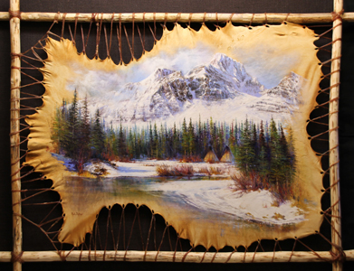 Paul Dykman Oil on Deer Hide artwork. Mountainscapes. Western Artwork. Crowsfoot Winter