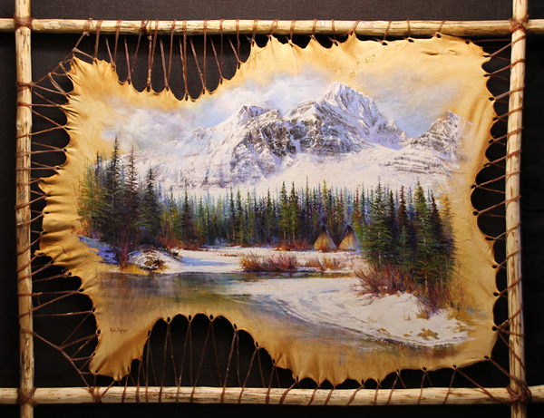 the artwork of Paul Dykman - oil painting on deer hide. western artwork. mountascapes. Corwsfoot Winter